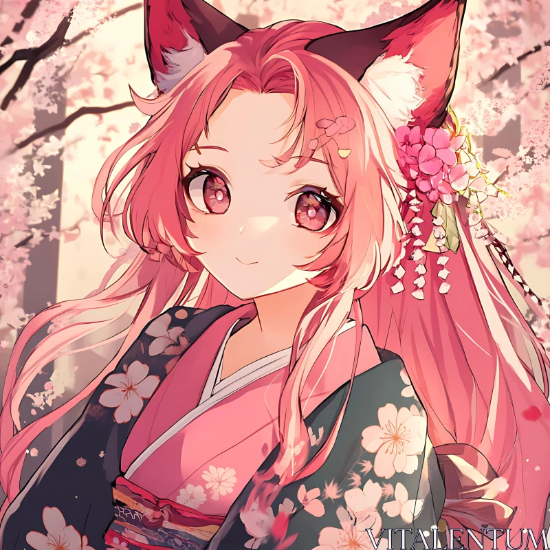 Anime Girl in Kimono with Cherry Blossoms AI Image