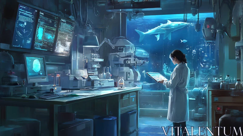 Scientist Studying Sharks in Underwater Lab AI Image