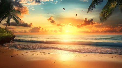 Tropical Beach Sunset with Birds