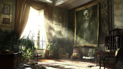 Sunlit Vintage Interior with Skull Art