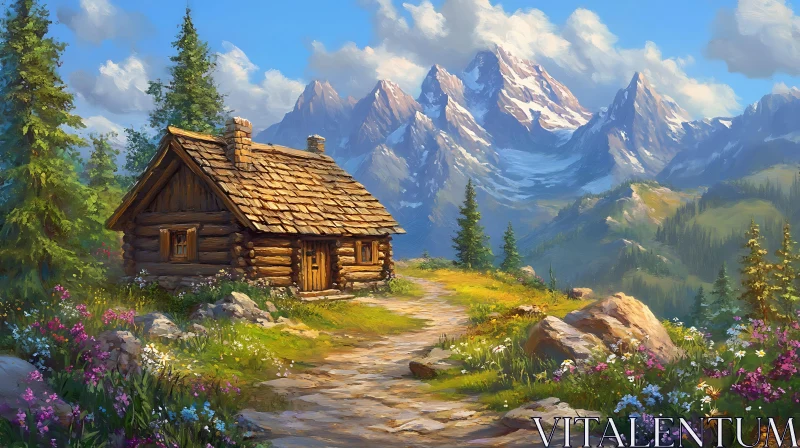 Idyllic Cabin in the Mountains AI Image