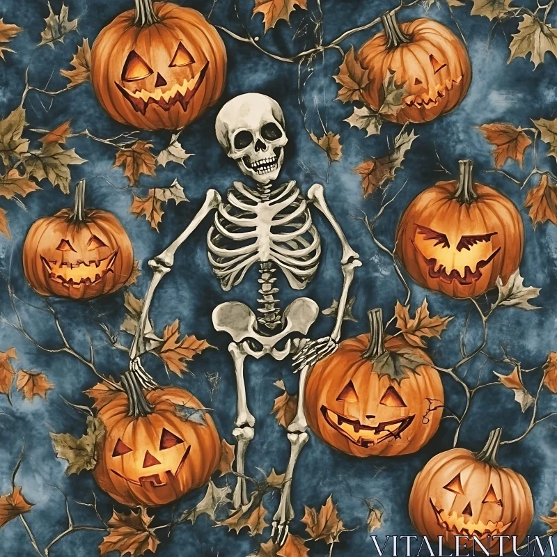 AI ART Halloween Night Scene with Skeleton