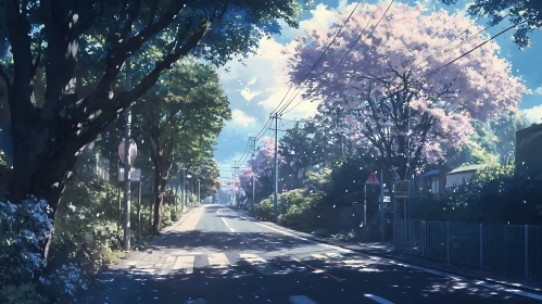 Peaceful Street Under Morning Light and Blossoming Trees