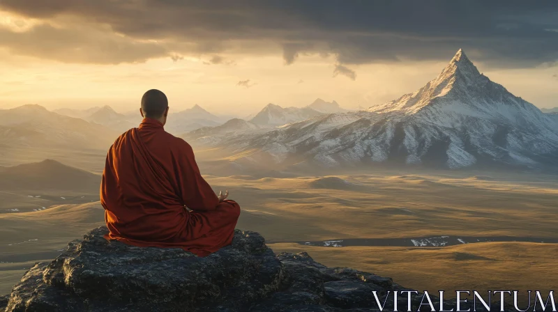 Meditative State: Monk and Mountain Vista AI Image