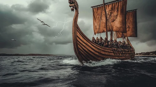 Viking Ship in a Thunderstorm with Armed Warriors