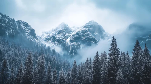 Winter Mountain Landscape with Evergreen Forest