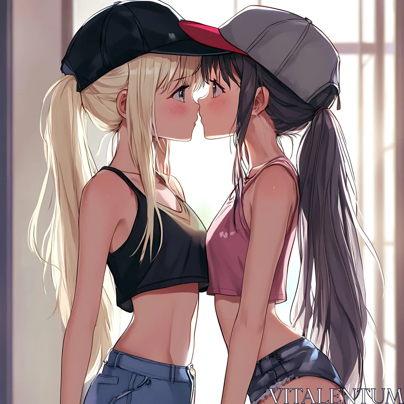 Affectionate Anime Girls in Modern Attire AI Image