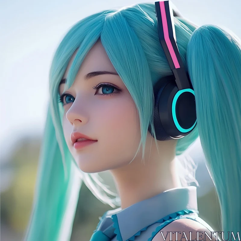 Anime Character with Blue Hair and Headphones AI Image