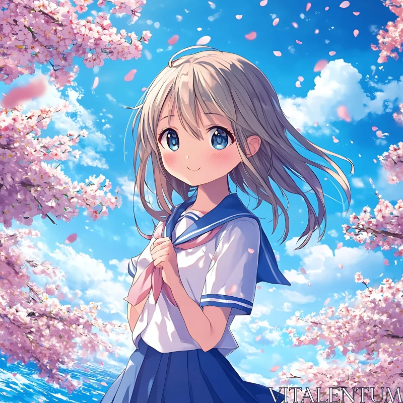 Cherry Blossoms and Anime Girl in School Uniform AI Image