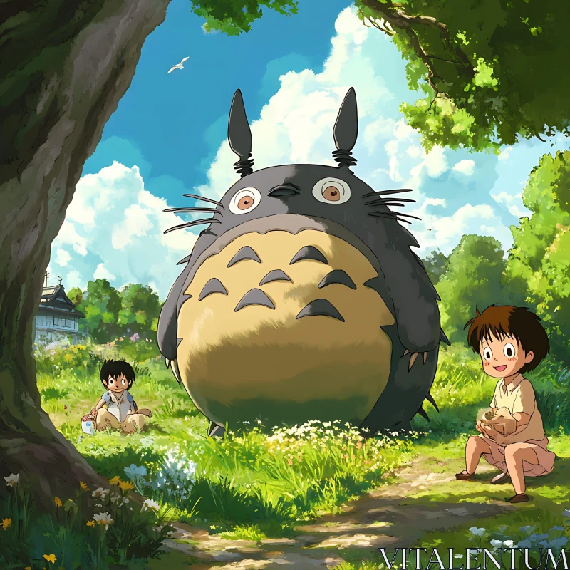 Totoro and Kids on a Summer Day AI Image