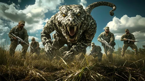 Military Squad Facing a Monster Tiger