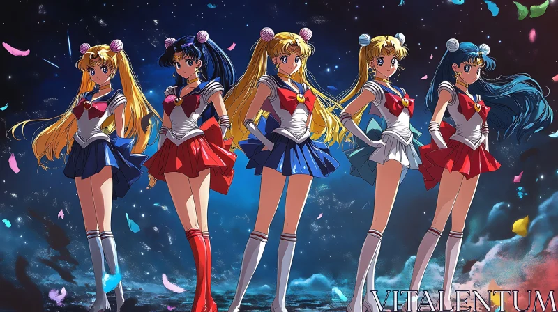 AI ART Vivid Anime Sailor Team in Night Scene