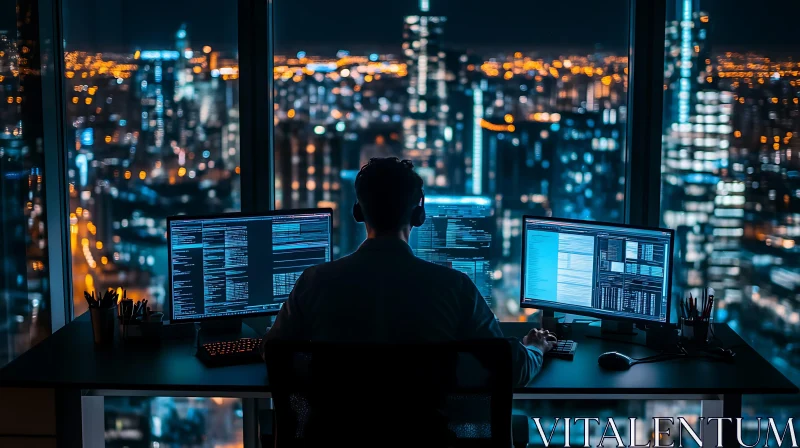 Coder at Night Overlooking City Lights AI Image