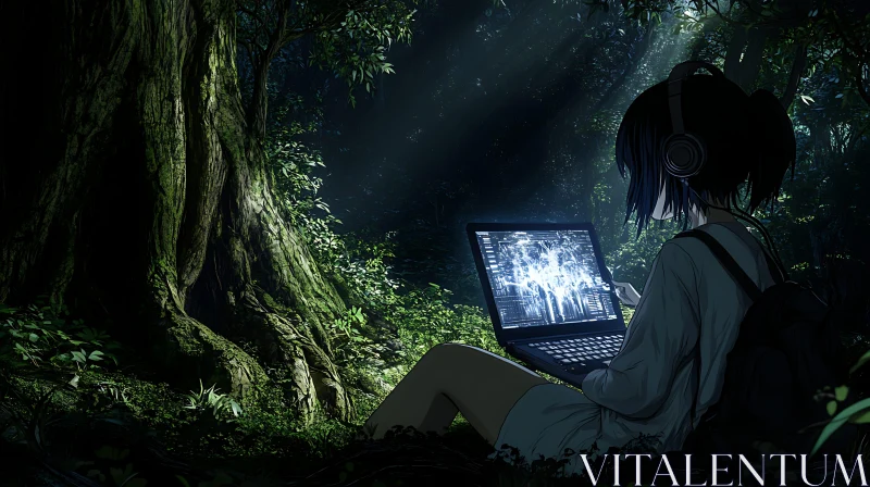 Anime Character with Laptop in a Forest AI Image