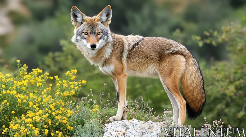 Wild Coyote Portrait with Yellow Flowers AI Image