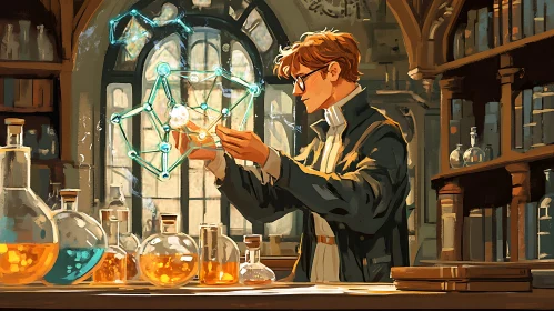 Chemist Analyzing Molecular Model in Old Lab