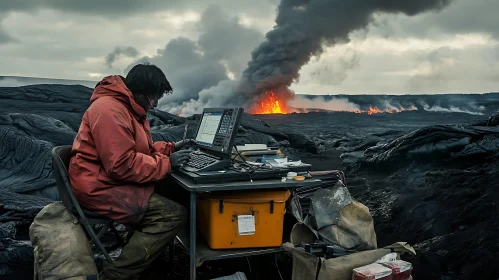 Scientist Analyzing Data Near Active Volcano