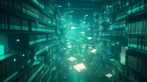 Ethereal Teal Library with Levitating Books