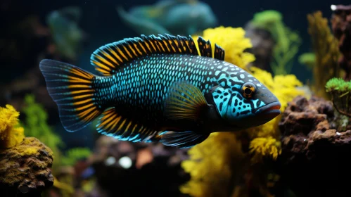Blue and Black Fish Swimming in Colorful Aquarium