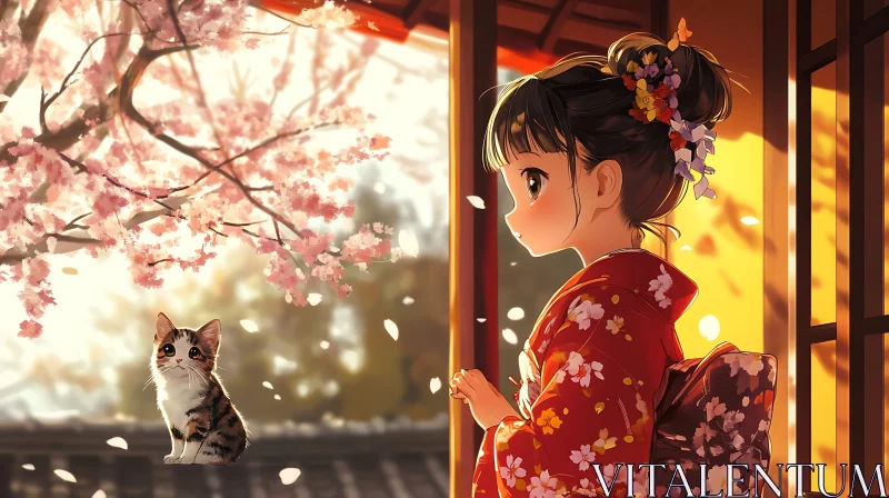 AI ART Charming Anime Spring Scene with Cherry Blossoms and Cat