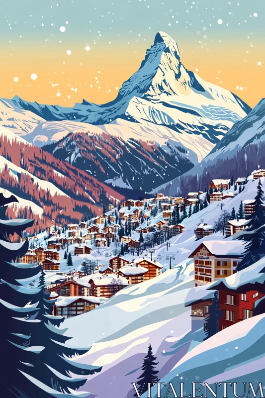 Snowy Mountain Village AI Image