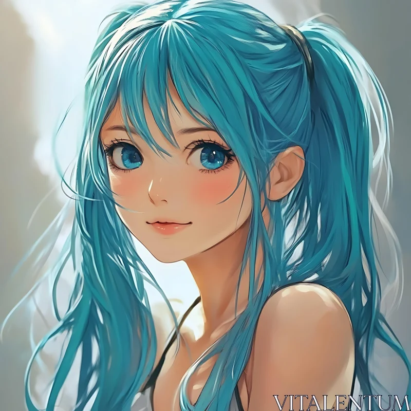 Bright Blue-Haired Anime Girl - Digital Art AI Image