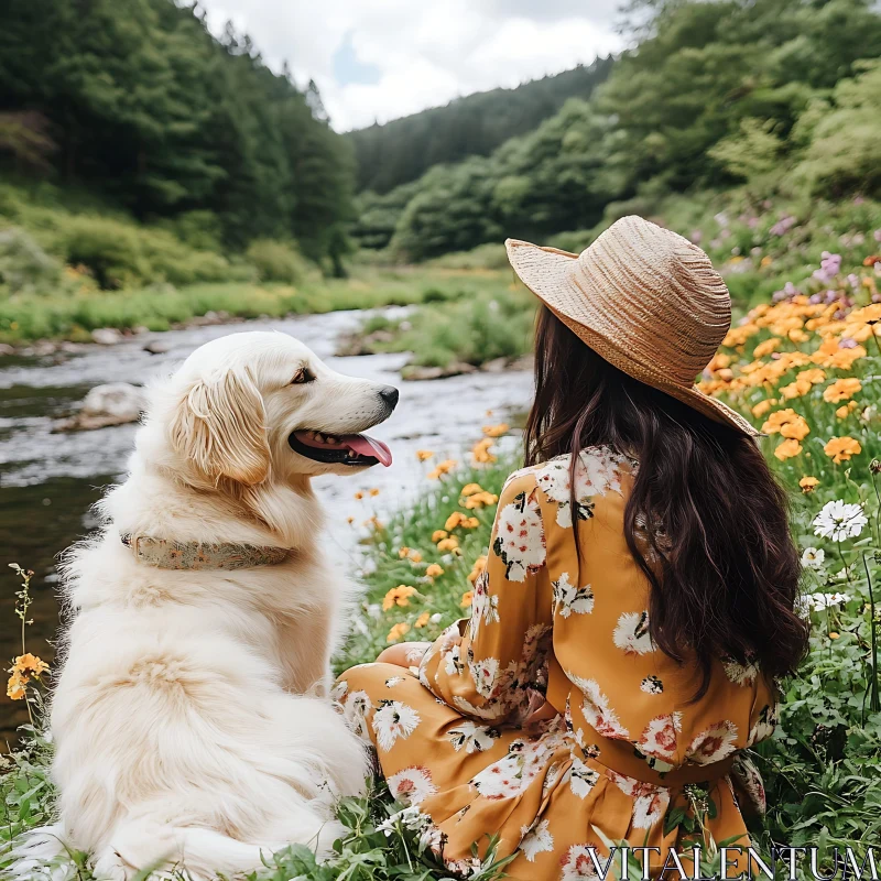 Serene Nature Moment with Woman and Dog