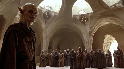 Monks in Cavernous Hall