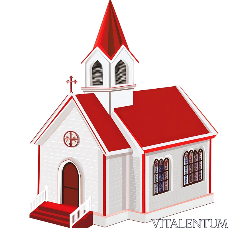 Red and White Church with Stained Glass Windows