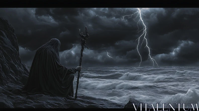 AI ART Stormy Seascape with Solitary Figure