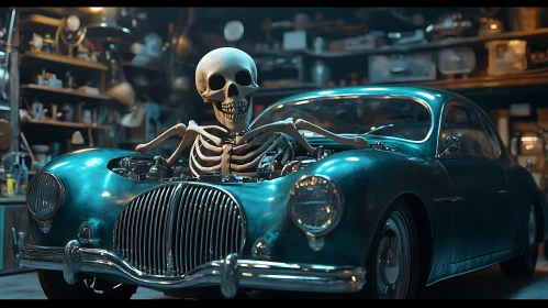 Teal Car with Skeleton Figure