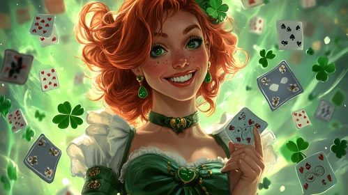 Charming Redhead in Green with Playing Cards