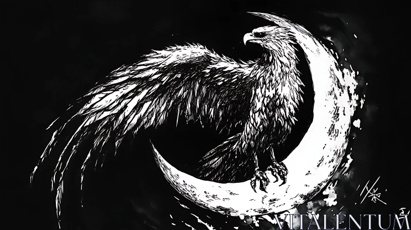 Monochrome Eagle Perched on Crescent Moon