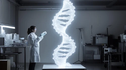 Scientist Examining Glowing DNA Model