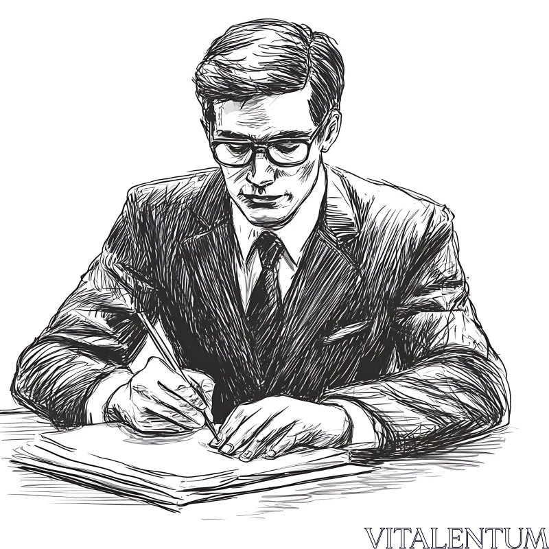 Monochrome Sketch of a Man Writing