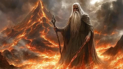 Fiery Wizard in Volcanic Landscape