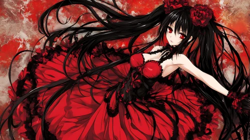 Gothic Anime Girl in Red with Roses