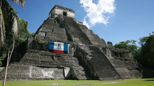 Stone Pyramid with Flag in Green Landscape