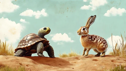 Turtle and Rabbit Fairytale Scene