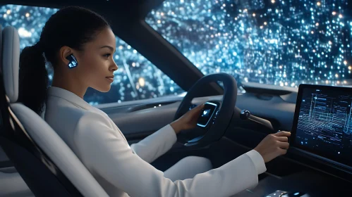 Woman Navigating Futuristic Car Interface
