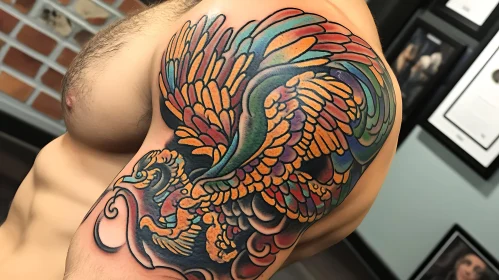 Vibrant Phoenix Tattoo on Shoulder