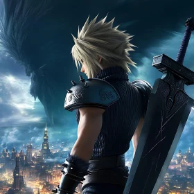 Epic Anime Swordsman with Urban Backdrop
