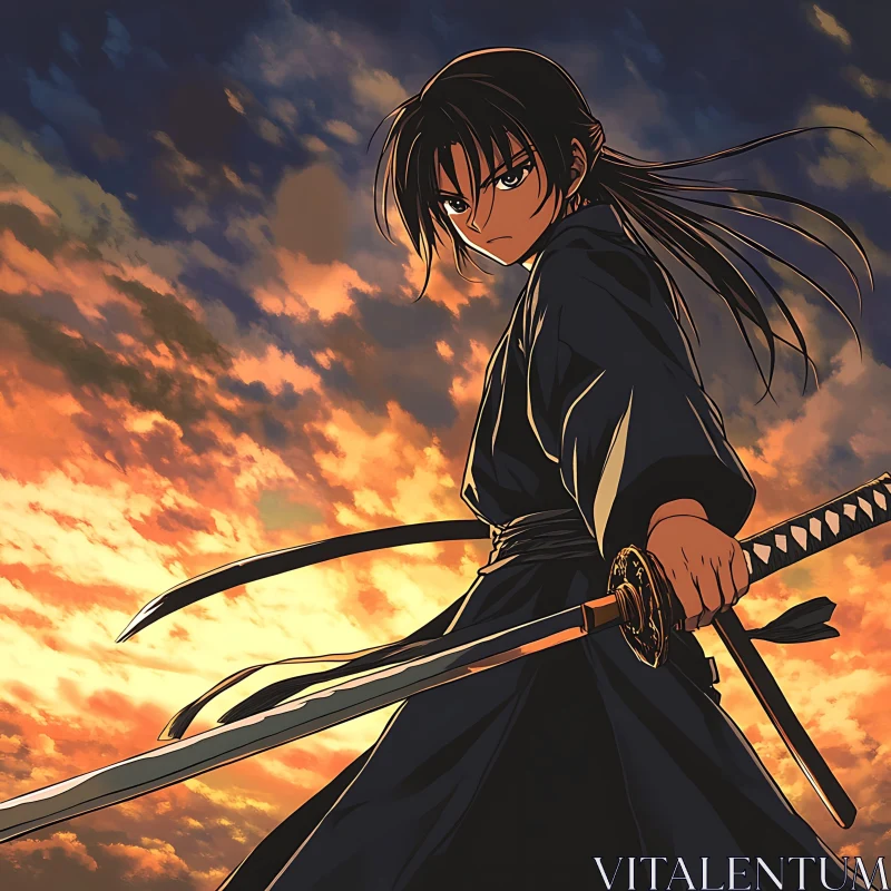 Samurai Anime Sunset Scene