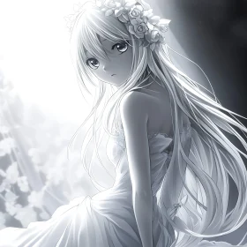 Sad Anime Girl with Long Hair and Flowers