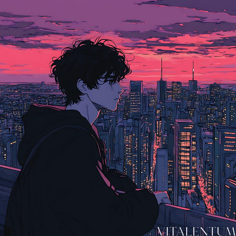 Urban Sunset from Rooftop in Anime Style