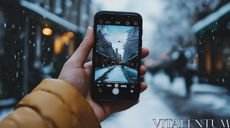 Snowy Street Scene on Smartphone