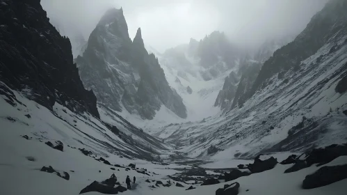 Snowy Peaks in Foggy Mountain Valley