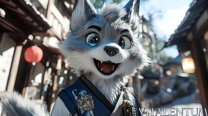 Joyful Anthropomorphic Wolf Character in Cultural Setting