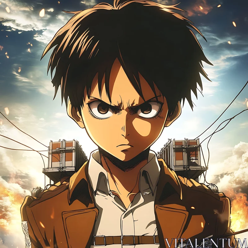 Determined Anime Character in Fiery Sky