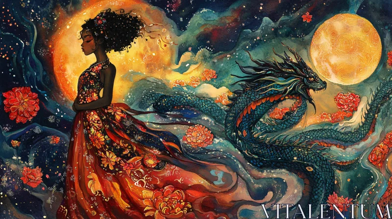 Woman and Dragon Under Moonlight